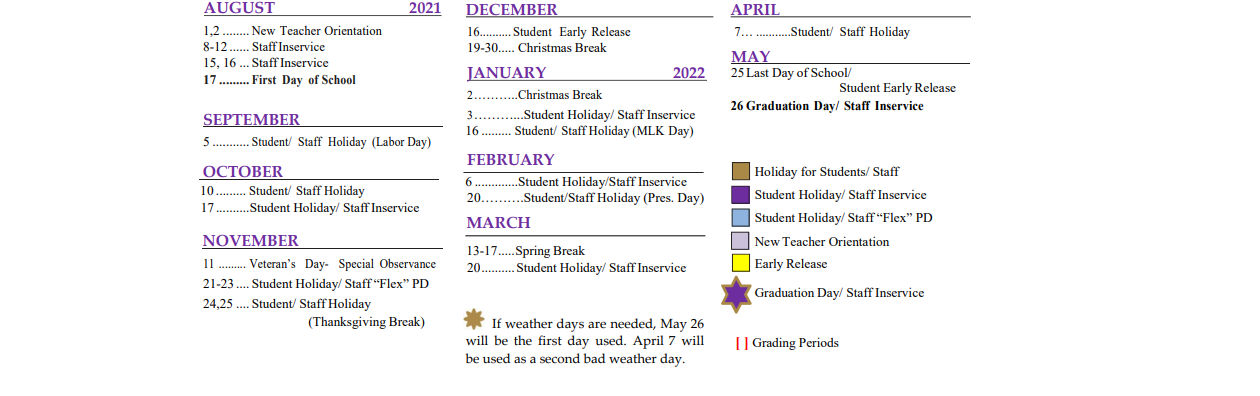 District School Academic Calendar Key for Marble Falls El