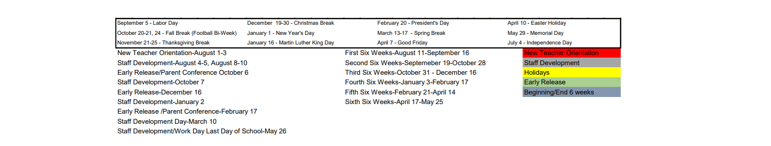 District School Academic Calendar Key for J H Moore Elementary