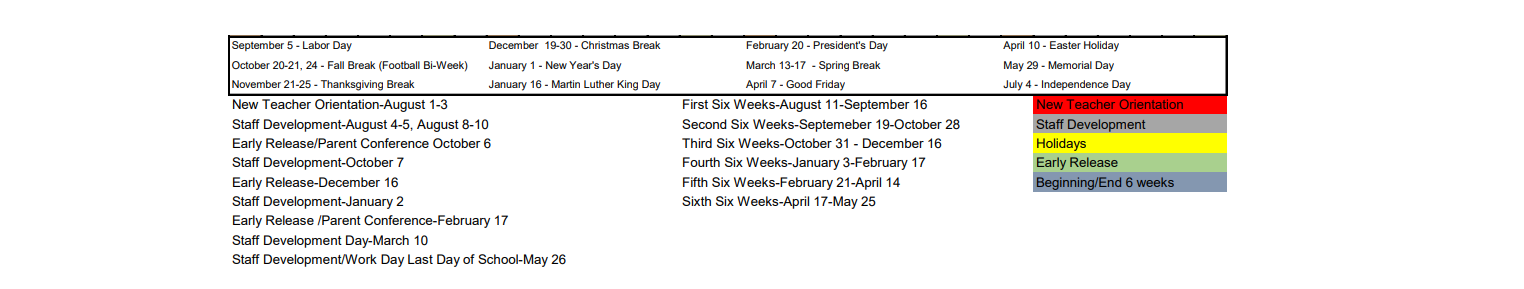 District School Academic Calendar Key for Price T Young Middle