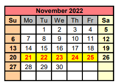 District School Academic Calendar for Marshall H S for November 2022
