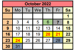 District School Academic Calendar for Marshall J H for October 2022
