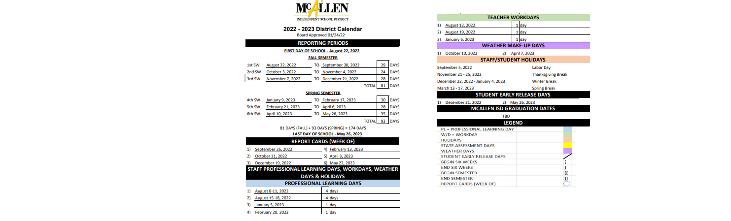 Mcallen High School - School District Instructional Calendar - Mcallen