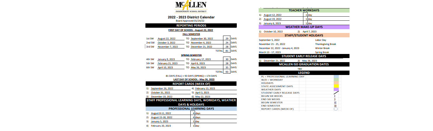 District School Academic Calendar Key for Perez Elementary