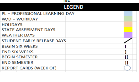 District School Academic Calendar Legend for Milam Elementary