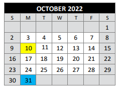 District School Academic Calendar for Bexar County Juvenile Justice Acad for October 2022