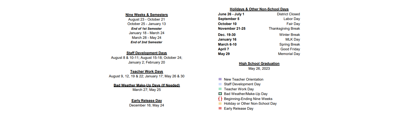 District School Academic Calendar Key for Melissa Middle School