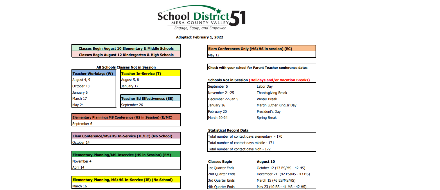 District School Academic Calendar Key for Grand Mesa Middle School