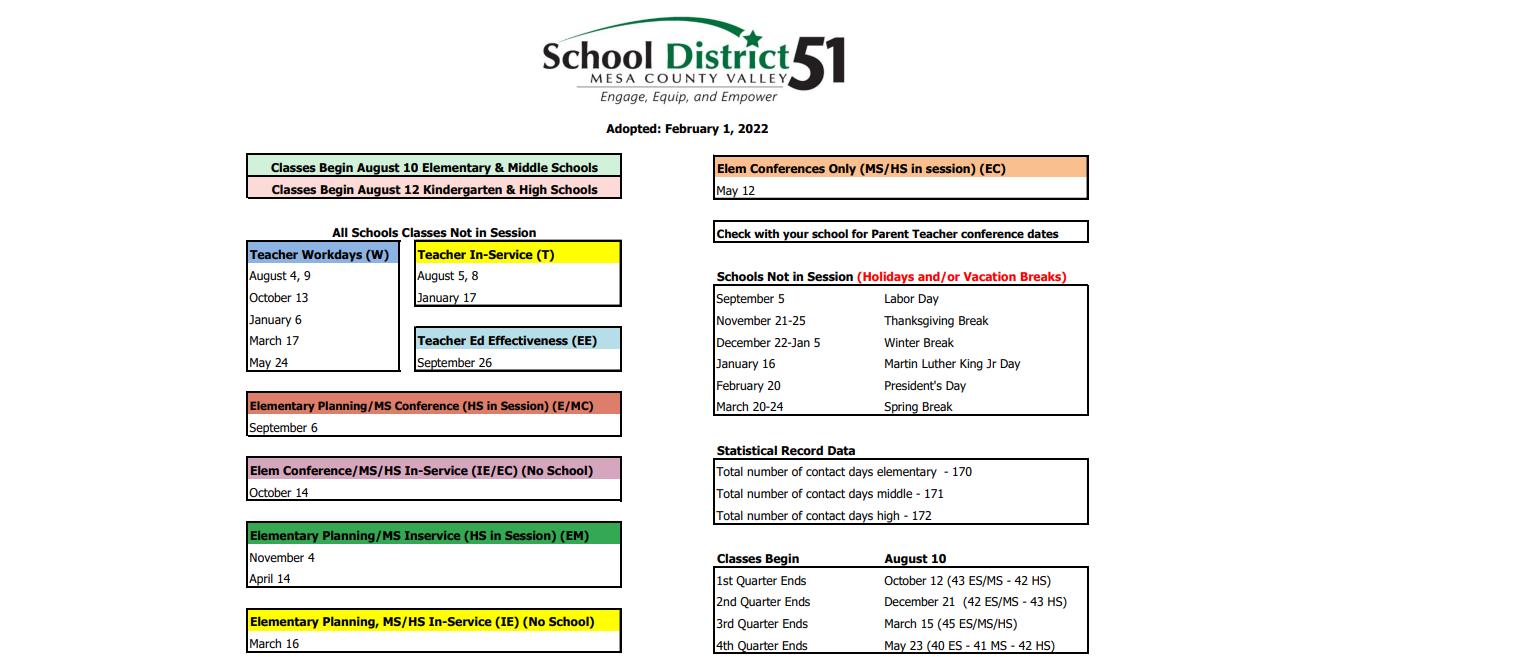 District School Academic Calendar Key for Mesa View Elementary School