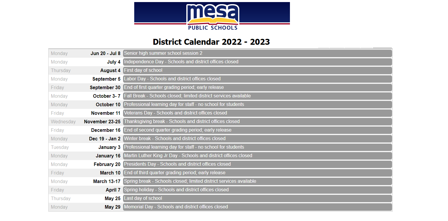 District School Academic Calendar Key for Red Mountain High School