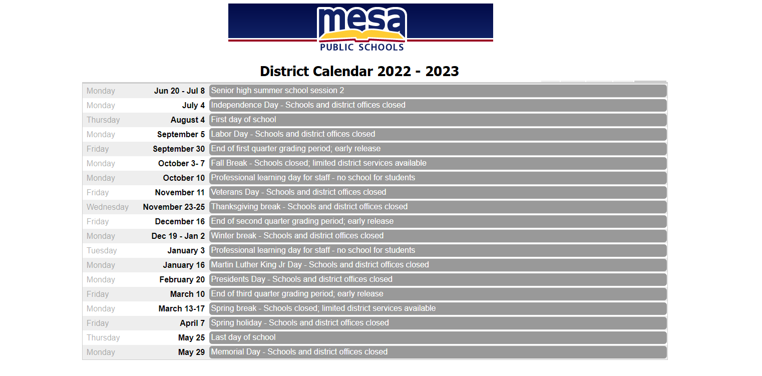 District School Academic Calendar Key for East Valley Academy