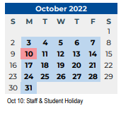 District School Academic Calendar for Speegleville Elementary for October 2022
