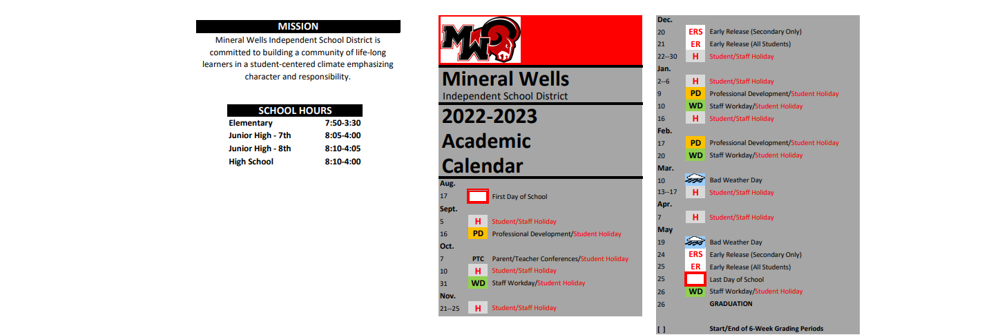 District School Academic Calendar Key for Mineral Wells J H