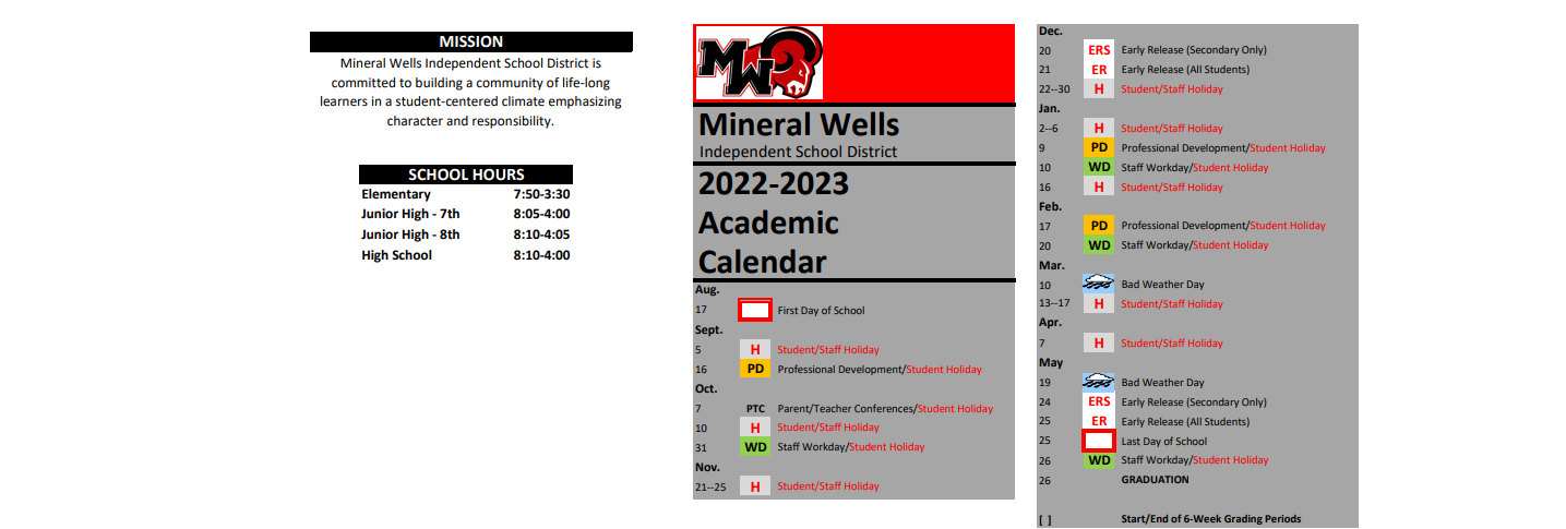 District School Academic Calendar Key for Mineral Wells H S