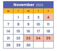 District School Academic Calendar for Transition Plus Services for November 2022