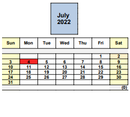 District School Academic Calendar for Shore Acres Elementary for July 2022