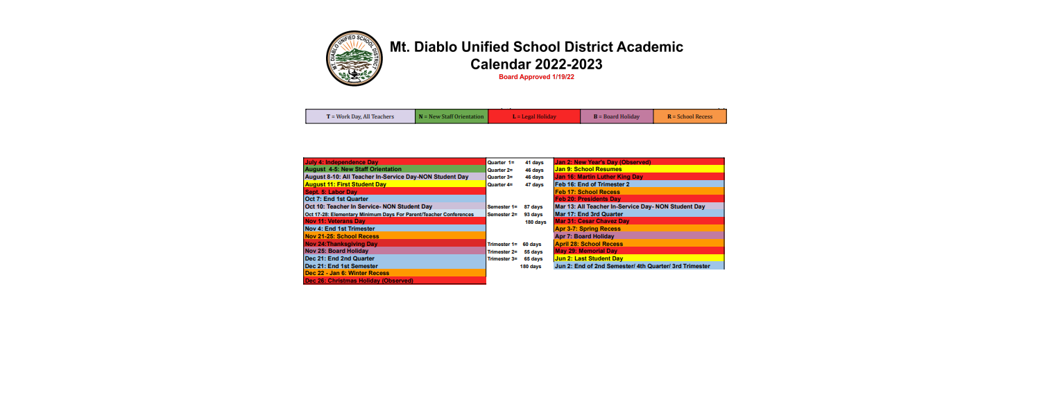 District School Academic Calendar Key for Foothill Middle