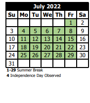 District School Academic Calendar for Johnson Elementary School for July 2022