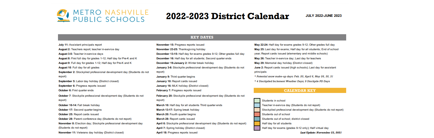District School Academic Calendar Key for Glencliff Elementary School