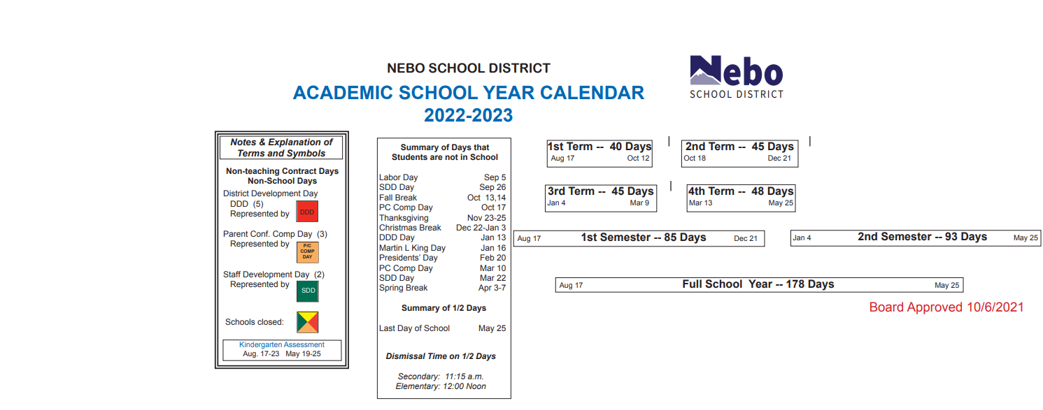 District School Academic Calendar Key for MT. Nebo Junior High