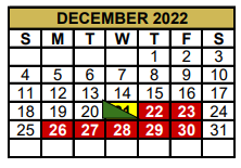 District School Academic Calendar for Alternative Education School for December 2022