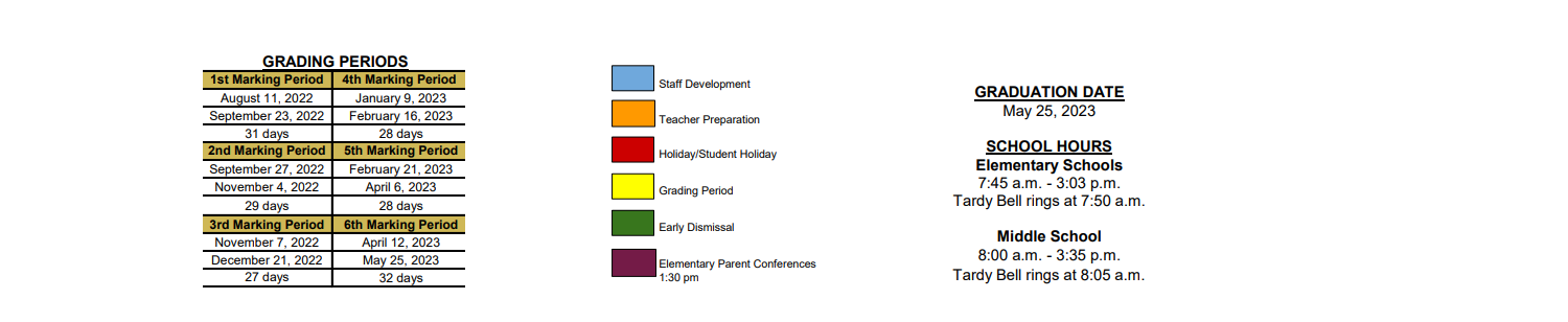 District School Academic Calendar Key for Central Middle