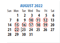 District School Academic Calendar for Memorial Elementary for August 2022
