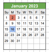 District School Academic Calendar for Headstart for January 2023