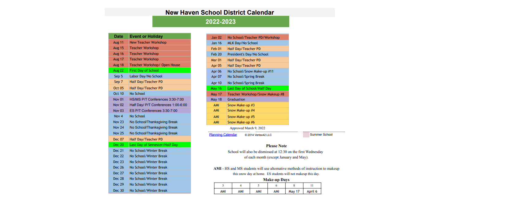 District School Academic Calendar Key for Beecher School