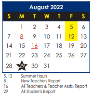 District School Academic Calendar for B. T. Washington Middle for August 2022