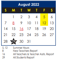 District School Academic Calendar for B. C. Charles Elementary for August 2022