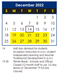 District School Academic Calendar for Gatewood Academy for December 2022