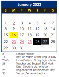 District School Academic Calendar for Lee Hall Elementary for January 2023
