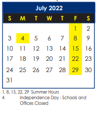 District School Academic Calendar for Lee Hall Elementary for July 2022