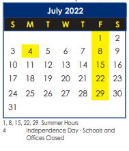 District School Academic Calendar for B. C. Charles Elementary for July 2022