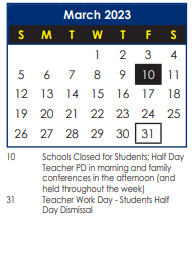 District School Academic Calendar for Lee Hall Elementary for March 2023