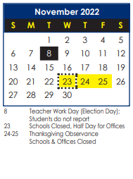 District School Academic Calendar for Achievable Dream Academy for November 2022