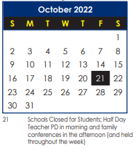 District School Academic Calendar for Lee Hall Elementary for October 2022