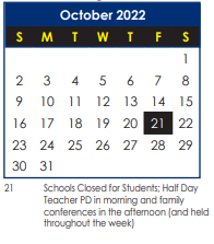 District School Academic Calendar for B. C. Charles Elementary for October 2022