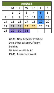 District School Academic Calendar for Oakwood ELEM. for August 2022