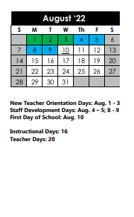 District School Academic Calendar for Regency Place Elementary School for August 2022