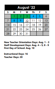 District School Academic Calendar for Clear Spring Elementary School for August 2022