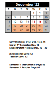 District School Academic Calendar for Alternative Elementary for December 2022