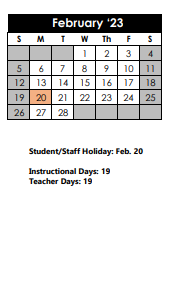 District School Academic Calendar for Ridgeview Elementary School for February 2023