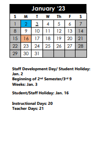 District School Academic Calendar for Wilderness Oak Elementary School for January 2023