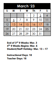 District School Academic Calendar for Serna Elementary School for March 2023