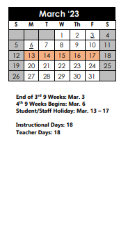 District School Academic Calendar for Clear Spring Elementary School for March 2023