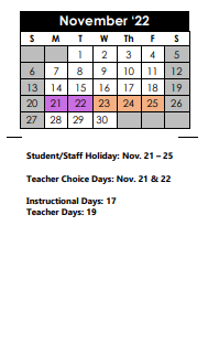 District School Academic Calendar for Regency Place Elementary School for November 2022