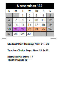 District School Academic Calendar for Clear Spring Elementary School for November 2022