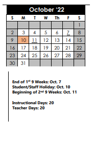 District School Academic Calendar for International School Of America for October 2022