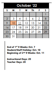 District School Academic Calendar for Colonial Hills Elementary School for October 2022